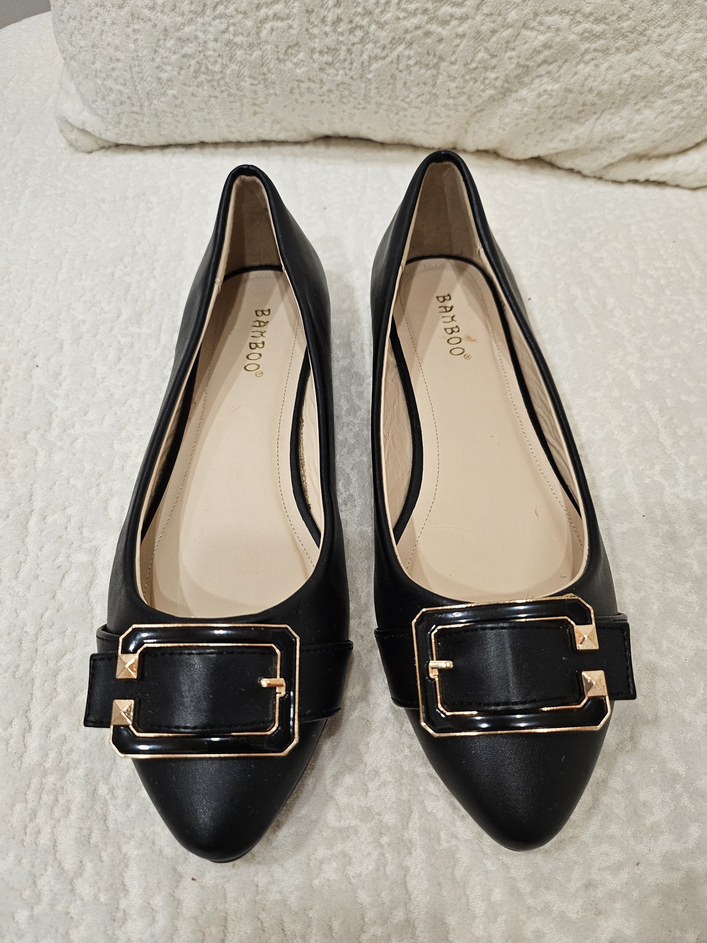 Bamboo Black Pointed Toe Flats with Gold Buckle